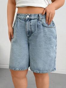 SHEIN Cottnline Pleated High Waist Woman's Plus Size Denim Short Washed Brown Casual Style Button Front - Medium Wash - View 5