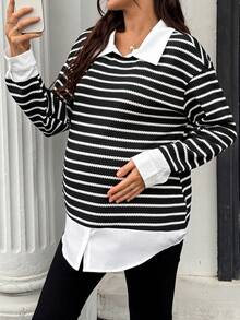 SHEIN Maternity Collared White Pattern Casual Soft Form 1960s Normal Loose Sweatshirt Autumn Outfit For Women Winter Gender Reveal Formal Homewear Office - Black - View 6