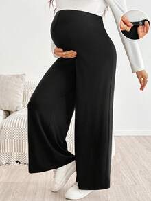 SHEIN Celana Panjang Hamil Kasual Serbaguna Warna Polos Model Lurus - Hitam - View 2