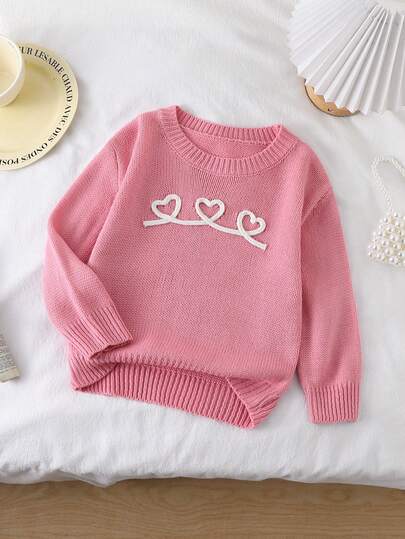 SHEIN 1 st flicktröja, moderiktig minimalistisk och mångsidig, rund hals, axelsöm, vitt hjärtbroderi, fräsch och söt stil, normal tjocklek, snygg fåll, tighta muddar, slät textur, delikat känsla, lämplig för vardagsbruk, hemkomfort, utflykter, skola och utomhusaktiviteter, höst/vinter