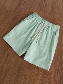 Manfinity Hypemode Men's Solid Color Cotton Elastic Waist Drawstring Loose Casual Linen Shorts For Men Beach Vacation Green Shorts Summer Drawstring Shorts - Mint Green - View 2