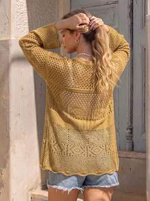 Vivid Eden Plus Size Women's Solid Color Drop Shoulder Long Sleeve Hollow Out Thin Cardigan Dates Formal Wedding Guest Vacation Beige Autumn Soft Bohemian Casual - Khaki - View 2