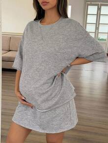 DAZY 圓領寬鬆短袖上衣與鬆緊腰裙休閒運動孕婦兩件套 - 灰色 - 查看 5