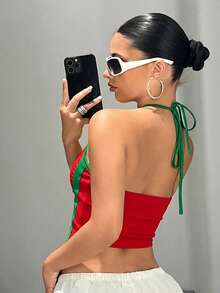 SHEIN ICON 女款字母印花抓皺修身掛脖上衣，適合日常穿著與外出場合 - 紅色 - 查看 2