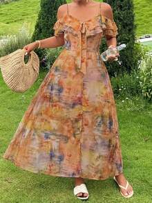 Dazy Plus Floral Print Spaghetti Strap Dress, Elegant French Style, Flutter Sleeves, Plus Size Women's Long Dress For Spring Summer Vacation - Multicolor - View 6