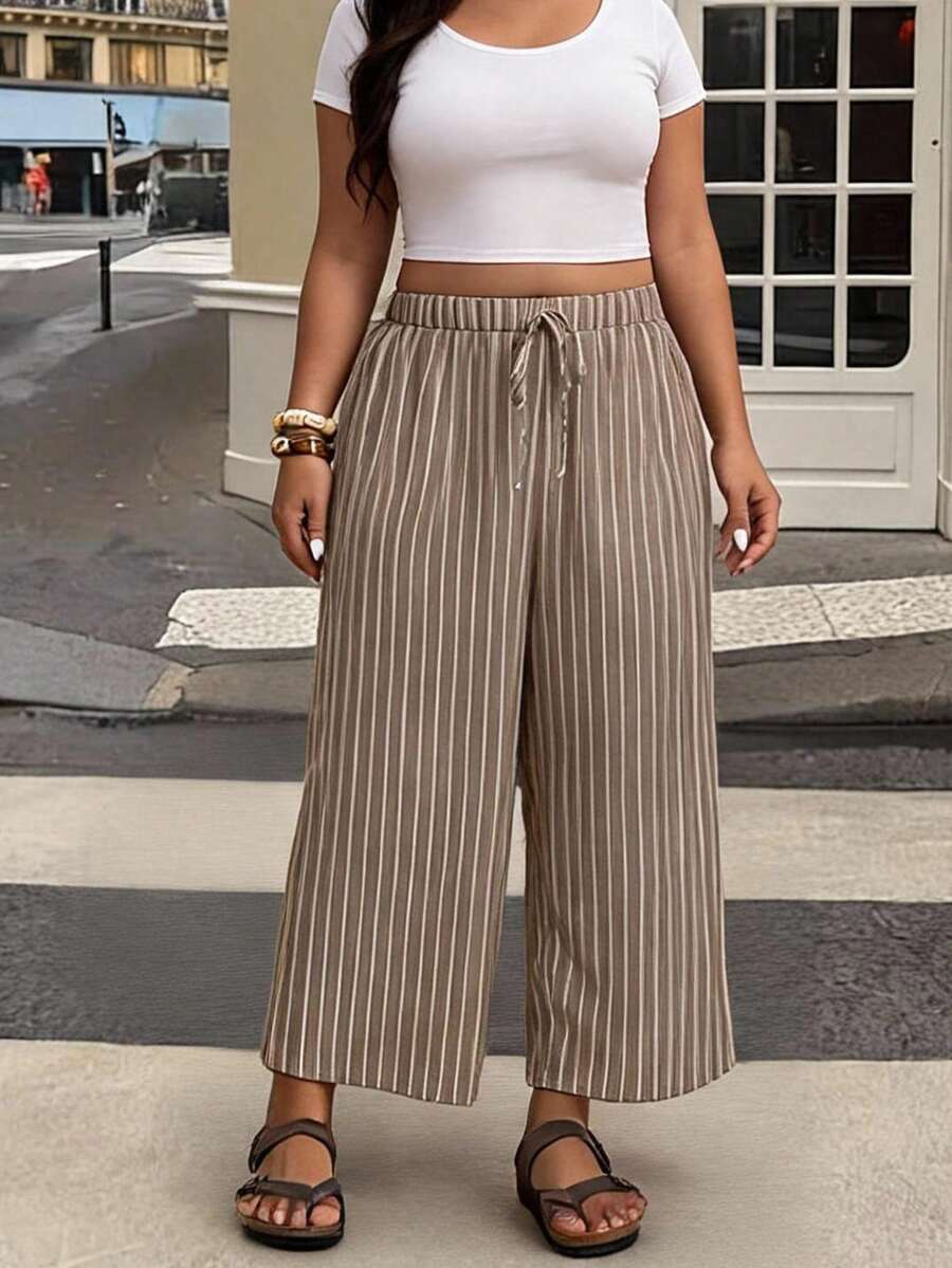 Elaquor Plus Size Casual Pants With Line Print - Coffee Brown - View 1