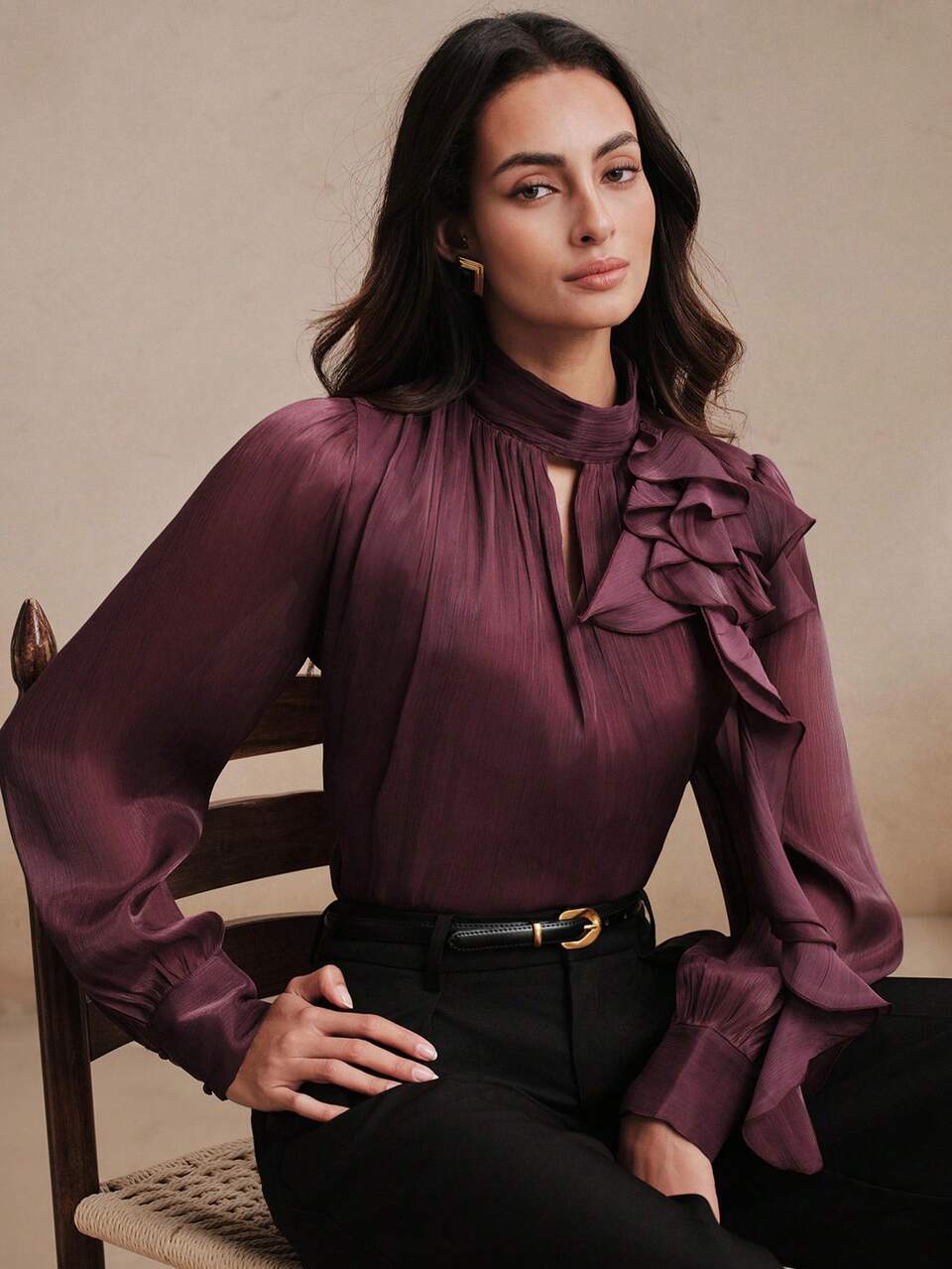 Anewsta Women's Elegant Heavy Embroidery Semi-High Neck Frill Trim Blouse