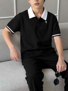 Tween Boy Gentleman Two-Piece Black Minimalist Color-Block Polo Collar Short Sleeve And Long Pants Set For Birthday Party School Wedding Autumn - Black - View 4