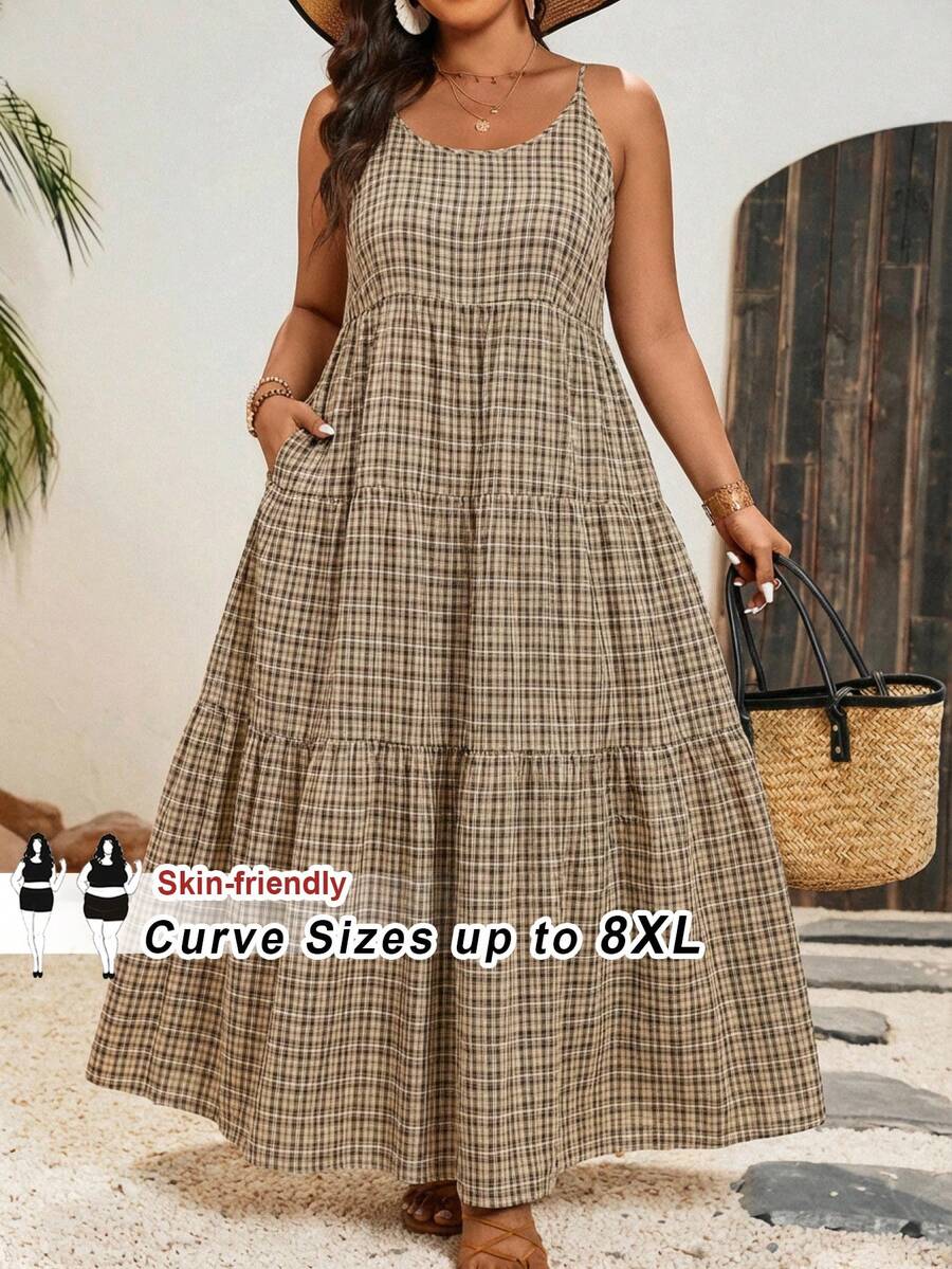 SHEIN CURVE+ 大尺碼 US22 音樂節海邊度假波希米亞風女款印花細肩帶洋裝,適合夏季海灘度假、沙灘罩衫、夏季穿搭 - 彩色 - 查看 1