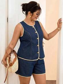 Lounesse Plus Size Single-Breasted Sleeveless Round Neck Top And Denim Shorts 2 Pieces Set - Blue - View 5