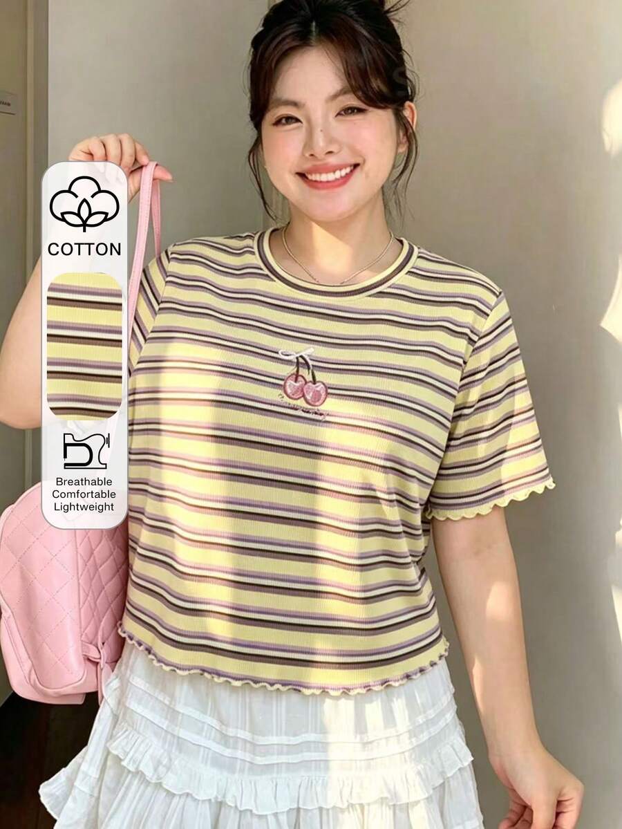 Dazy Plus 櫻桃刺繡條紋圓領短袖修身夏季T恤圖案上衣 - 黃色 - 查看 1