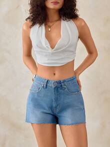 SHEIN 100 Cotton Mid Waist Woman Mini Pastal Washed Short Swimming Sexy - Light Wash - View 7