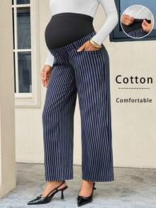 MaterniWear Pantalones de pierna recta a rayas azul marino para maternidad, casual, elegante, chic, para ir al trabajo y baby shower, otoño - Azul - Ver 2