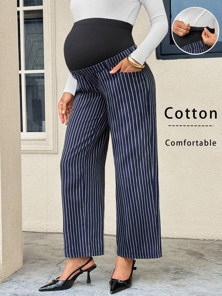 MaterniWear Pantalones de pierna recta a rayas azul marino para maternidad, casual, elegante, chic, para ir al trabajo y baby shower, otoño