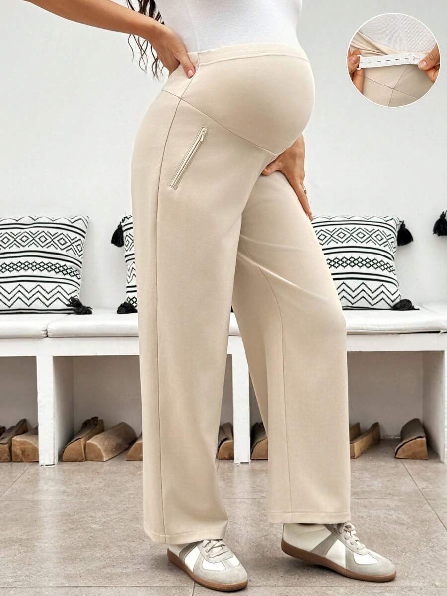 SHEIN Maternity High Waist Long Pants Fall - Khaki - View 1