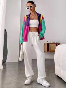 SHEIN EZwear 春季配色拼接落肩拉鍊夾克 秋冬多色女款輕便外套 - 彩色 - 查看 3