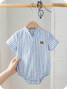SHEIN 嬰兒男童女童休閒日常小立領前開襟連身衣，適合春夏居家與戶外穿著 - 藍色 - 查看 1