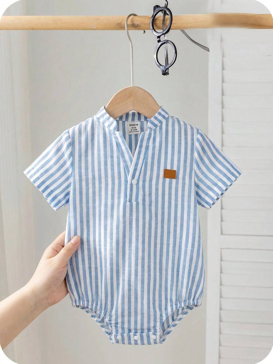 SHEIN 嬰兒男童女童休閒日常小立領前開襟連身衣,適合春夏居家與戶外穿著 - 藍色 - 查看 1