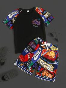 SHEIN Tween Boy Letter Print Raglan Short Sleeve T-Shirt And Knit Shorts 2 Pieces Set - Multicolor - View 1
