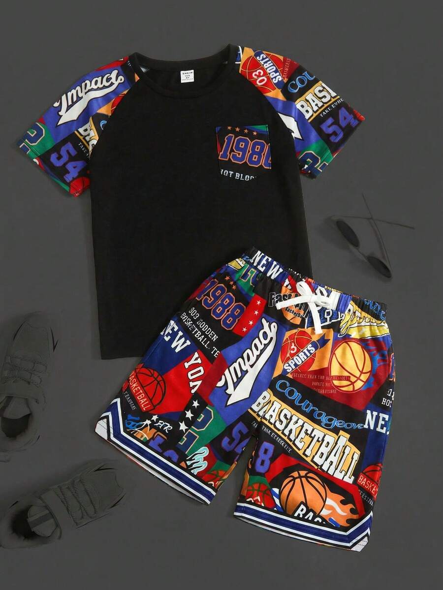 SHEIN Tween Boy Letter Print Raglan Short Sleeve T-Shirt And Knit Shorts 2 Pieces Set - Multicolor - View 1