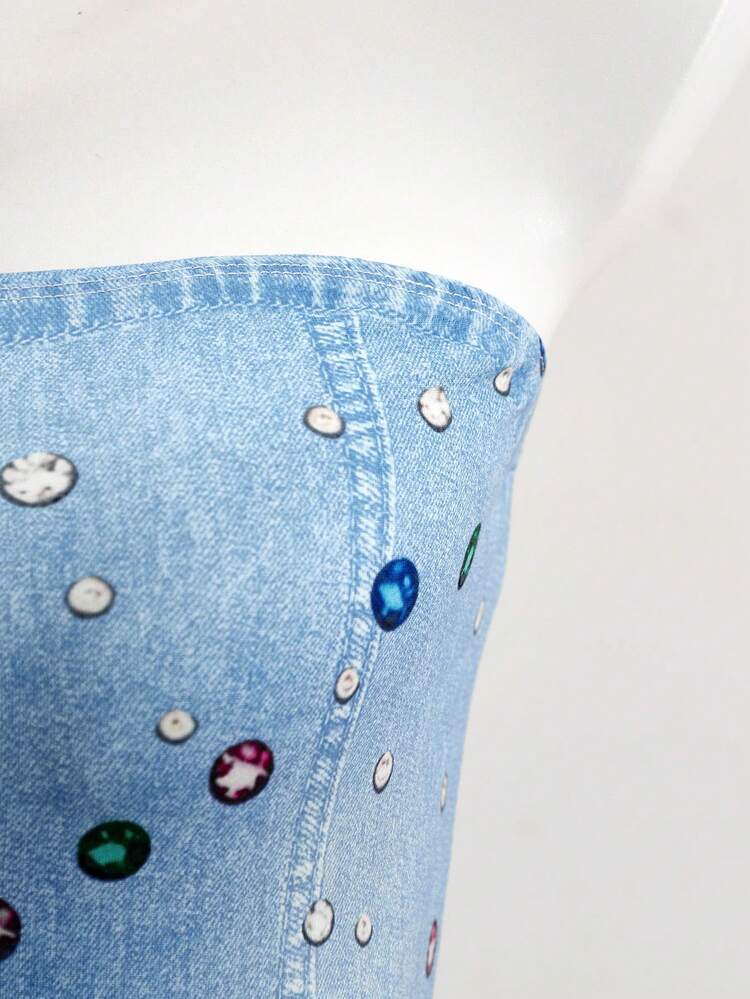 Light Blue Colorful Rhinestone Strapless Maxi Dress, Strapless Design Highlights Shoulder And Neckline, All-Over Scattered Colorful Rhinestone Decor, Eye-Catching Rhinestones Create Sophisticated Vibe, Unique And Striking Style, Easily Create Personalized Daily Outfit. Back To School - Multicolor - View 4