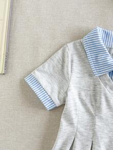 Souflis Souflis 1pc Toddler Kid Girl Preppy Striped Patchwork Polo Collar Bow Short Sleeve Pleated Soft A-Line Dress For School Daily Party Summer Casual Outfit - Baby Blue - View 6