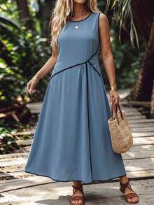 Linhara Plus Size Women's Casual Round Neck Sleeveless Solid Color Dusty Blue Long Dress, Summer Vacation Outfit, Beach Elegant Fabric, Fashion Home - Blue - View 7