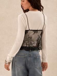 Easelle Vintage Bohemian Lace Camisole T-Shirt 2 Pieces Set For Women - Multicolor - View 2