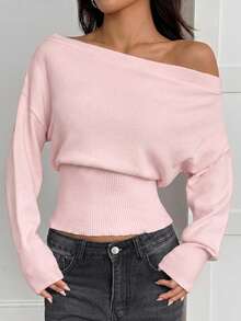 SHEIN PETITE 3D花朵不對稱單肩米色秋冬浪漫寬鬆針織毛衣 - 粉色 - 查看 4