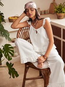 Lullawish Bohemian Pure Cotton Cami Loungewear Set For Women - White - View 1