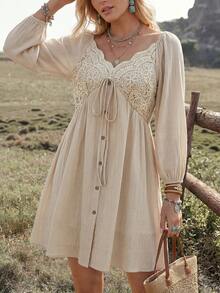 Wildy BOHO Cottagecore 休閒西式鄉村遊牧風女款秋冬日常基礎穿搭長袖蕾絲拼接迷你洋裝 度假米色 - 杏色 - 查看 10