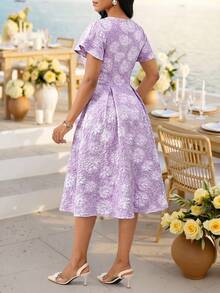 SHEIN Lady Women's Purple Jacquard Short Sleeve V Neck A-Line Swing Fit Flare Elegant Midi Dress Belted Party Cocktail Formal Wedding Guest Church Going Out Fall - Purple - View 2
