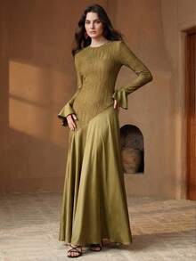 Anewsta Vestido Elegante e Vintage com Gola Redonda, Manga Sino e Bainha Assimétrica para Mulheres, Novo Lançamento Primavera/Verão - Caqui - Visão 7