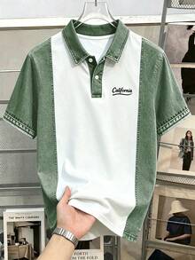 Manfinity Joysei 男士字母印花短袖休閒通勤 Polo 衫 - 綠色 - 查看 5