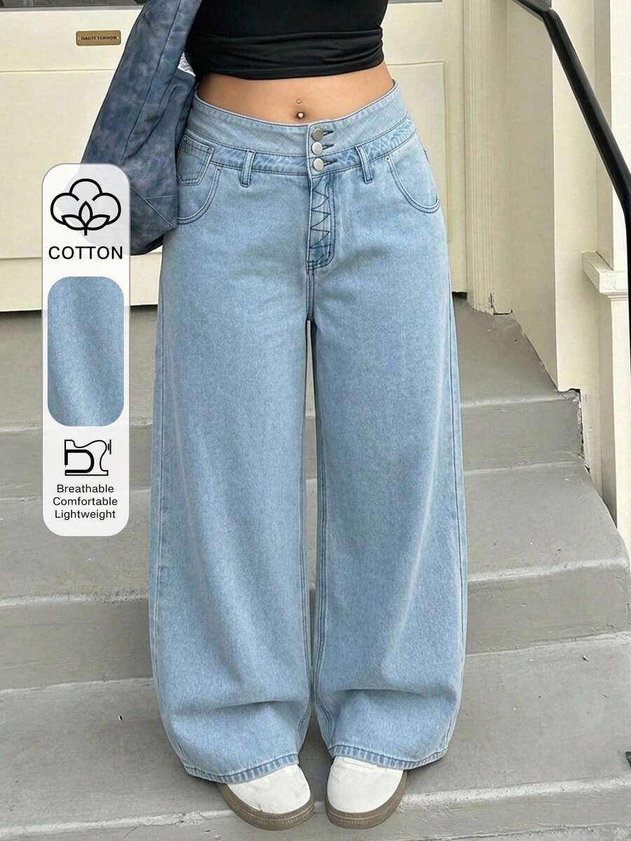 Dazy Plus Fashion Casual Colorblock Patchwork Waistband 3-Button Decor Loose Straight Leg Long Plus Size Women's Jeans All Seasons - Light Wash - View 1