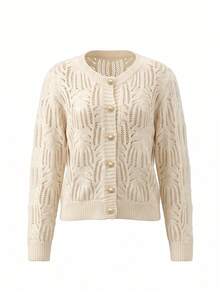Elafinee Cardigan Tipis Wanita dengan Leher Bulat Berongga, Hiasan Emas, Mutiara, Kancing Jahit Tangan, dan Hem Bergaris - Aprikot - View 5