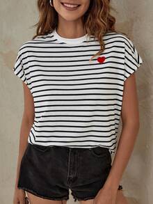 SHEIN Essnce Striped Heart Patch Detail Batwing Sleeve Tee - White - View 5