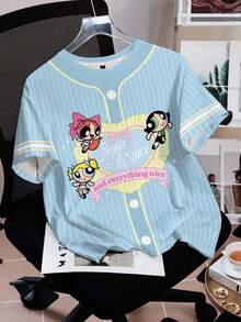 THE POWERPUFF GIRLS X SHEIN 女款夏季休閒條紋卡通印花T恤 - 白色 - 查看 6