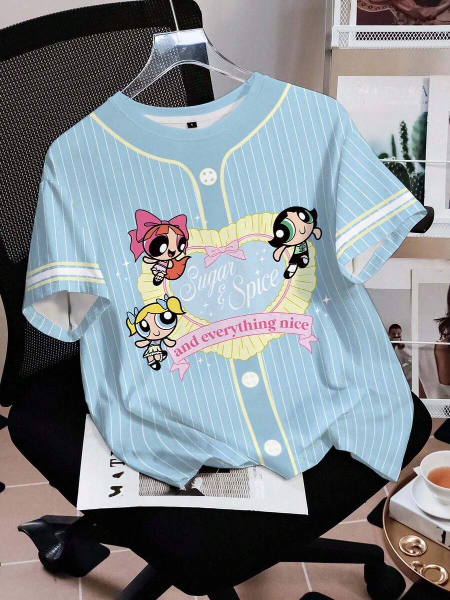 THE POWERPUFF GIRLS X SHEIN 女款夏季休閒條紋卡通印花T恤 - 白色 - 查看 1
