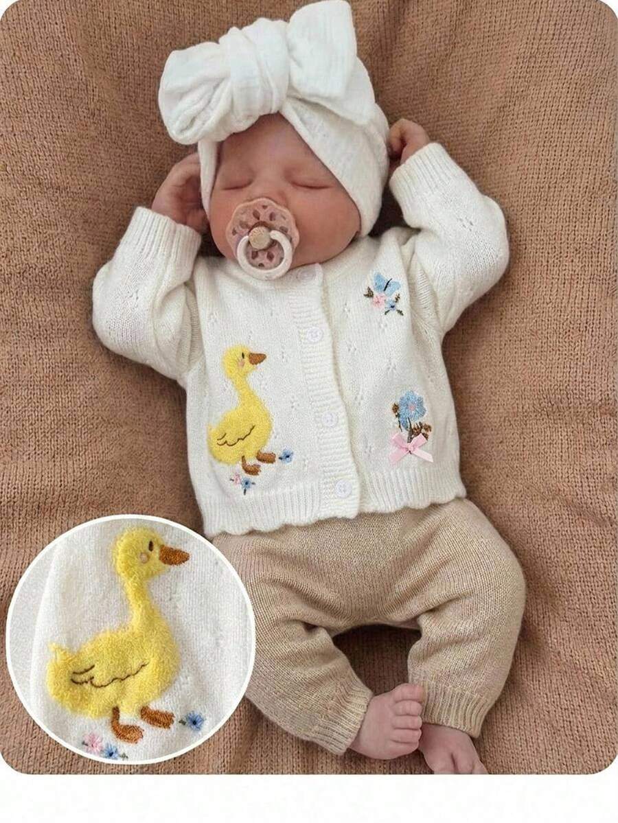 Cardigan bordado con flores y patito para recién nacido - Beis - Ver 1