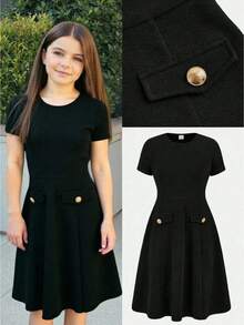 SHEIN Firerie Kids Tween Girl Black Elegant Party Gold Button Decor A-Line Midi Dress, Spring/Summer - Black - View 1