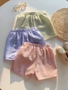 SHEIN 兒童小男孩/女孩，小男孩3件組泡泡紗條紋泳褲短褲泳裝海灘褲套裝，適合海灘度假游泳和日常穿著，幼兒泳裝/泳衣，海灘穿著 - 彩色 - 查看 2