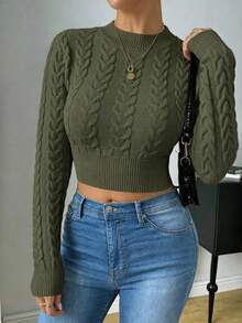 SHEIN Raffinéa Suéter corto de unicolor versátil y casual - Verde militar - Ver 7