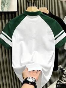 Manfinity Hypemode 男士經典條紋綠色與白色拼接馬標 Polo 衫，附領口與鈕扣，夏季必備 - 彩色 - 查看 2
