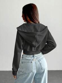 SHEIN PETITE Women Solid Color Front Zipper Long Sleeve Pocket - Dark Grey - View 2