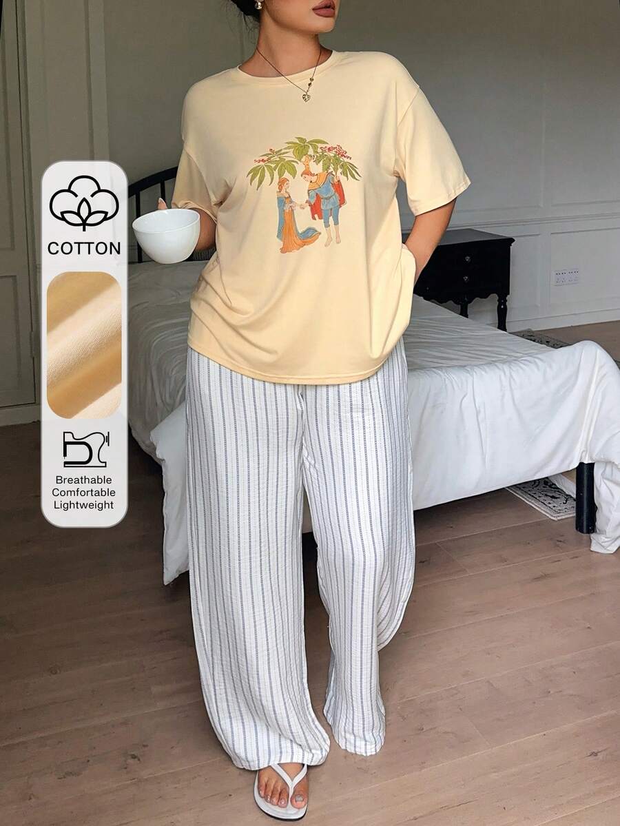 Dazy Plus Summer Pattern Print T-Shirt Top & Striped Pajama Pants Set, Plus Size Women's Spring/Summer Yellow Pajama Set - Yellow - View 1