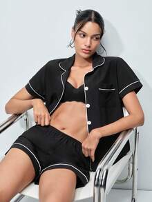 Softvol 2pcs Women Summer Sleepwear Set - Short Sleeve Top & Shorts, Casual Loose Comfy Basic Home & Casual Wear - Black - View 8
