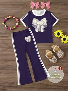 Girls Cute Fresh Minimalist Lace Bow Contrast Color Striped Pattern Basic Short T-Shirt And Flared Pants Set, Comfortable Everyday Outfit - Multicolor - View 7
