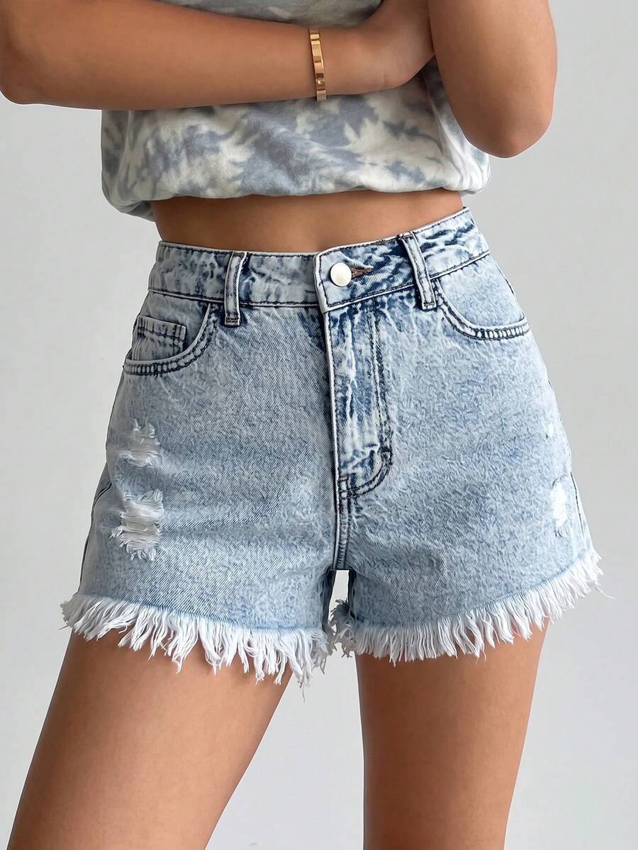 SHEIN Pantaloncini di jeans in cotone 100% a vita bassa con orlo sfrangiato - Lavaggio chiaro - Visualizzare 1