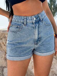SHEIN Cottnline 100% Pure Cotton Black High Waist Mini Denim Shorts For Women - Black - View 6